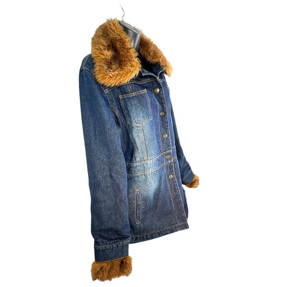 vintage y2k faux fur trim insulated‎ mid lengt denim coat jacket sz L - Picture 3 of 8